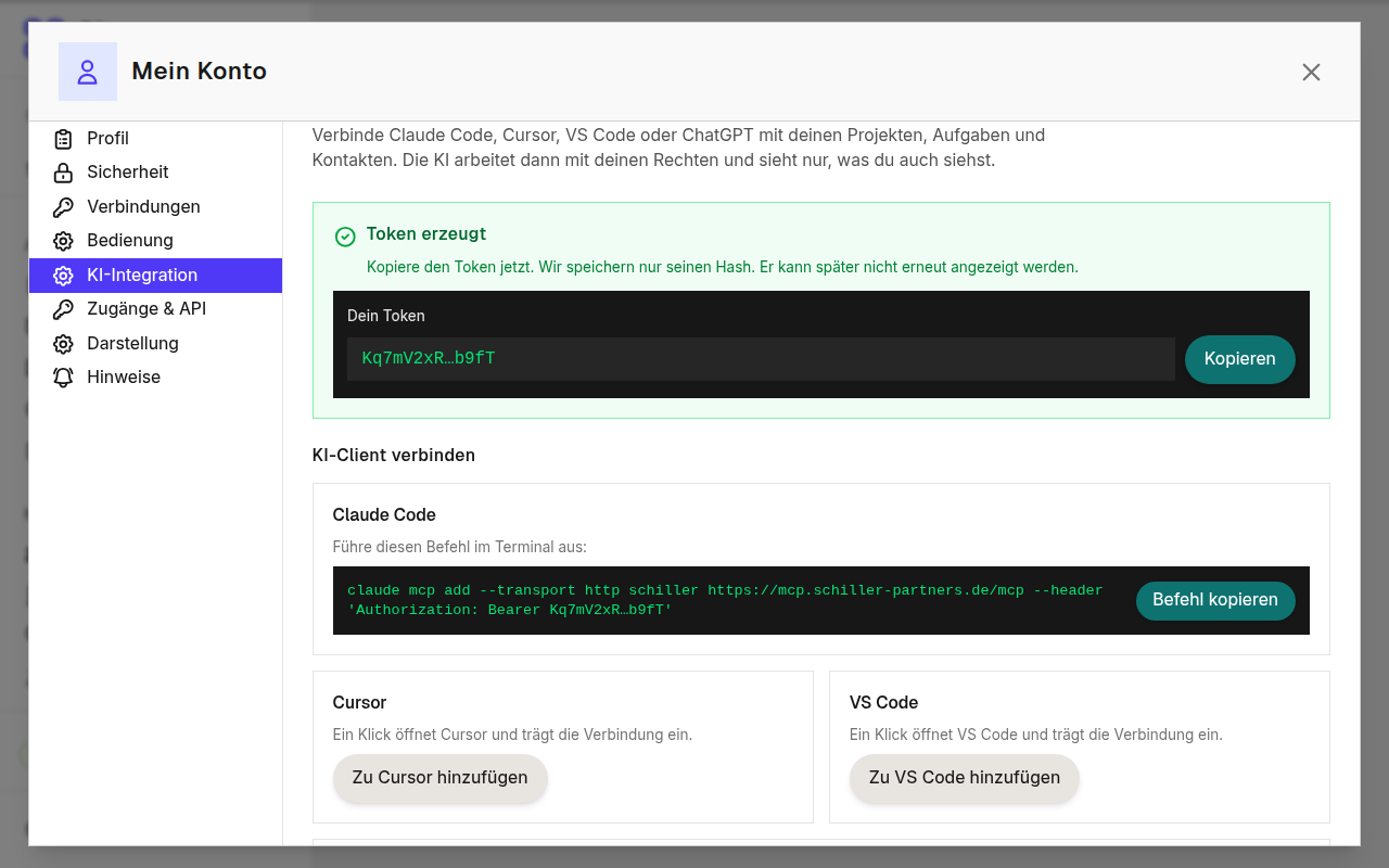 Account, AI integration tab: a personal access for your own AI has been created
