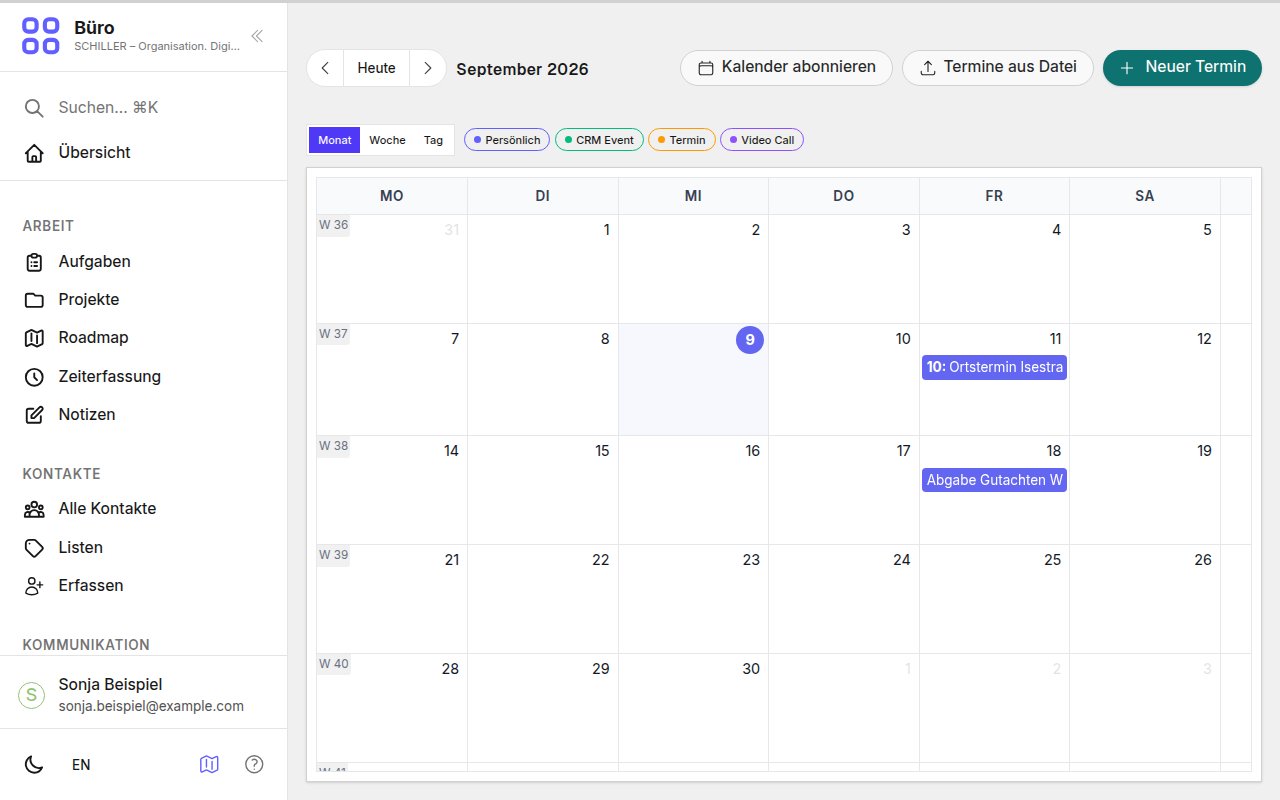 Der Kalender zeigt Ortstermin und Abgabefrist.