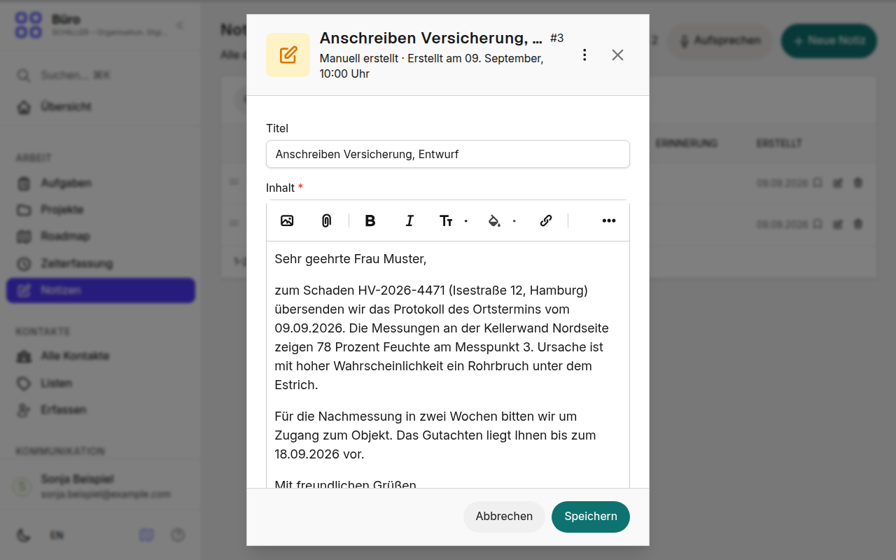 Ein Entwurf für das Anschreiben an die Versicherung.