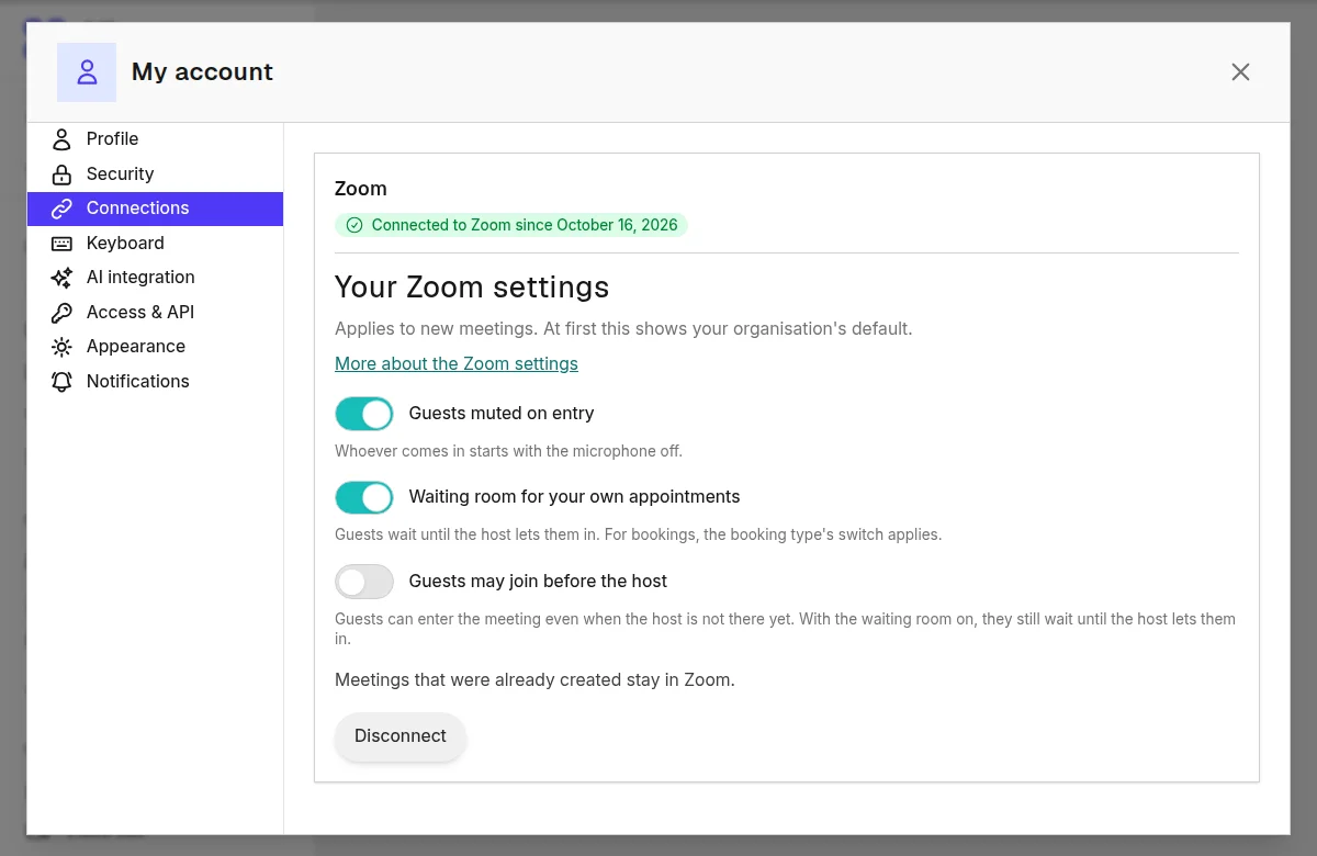 The Zoom card in the Connections tab shows that Zoom is connected
